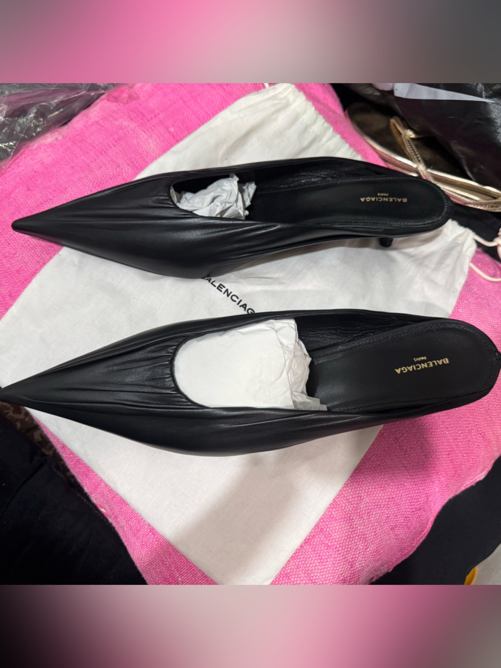 100% AUTH Balenciaga Black Knife Leather Folded-Toe Ballet Kitten Heel